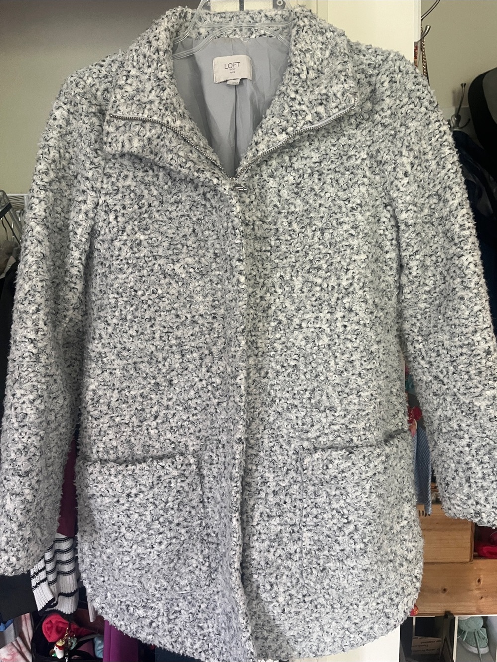 LOFT Light Gray Bouclé Teddy Zip-Front Jacket